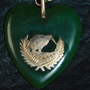 9ct GOLD FOB NECKLACE WITH POUNAMU (NZ Greenstone heart) HEART.