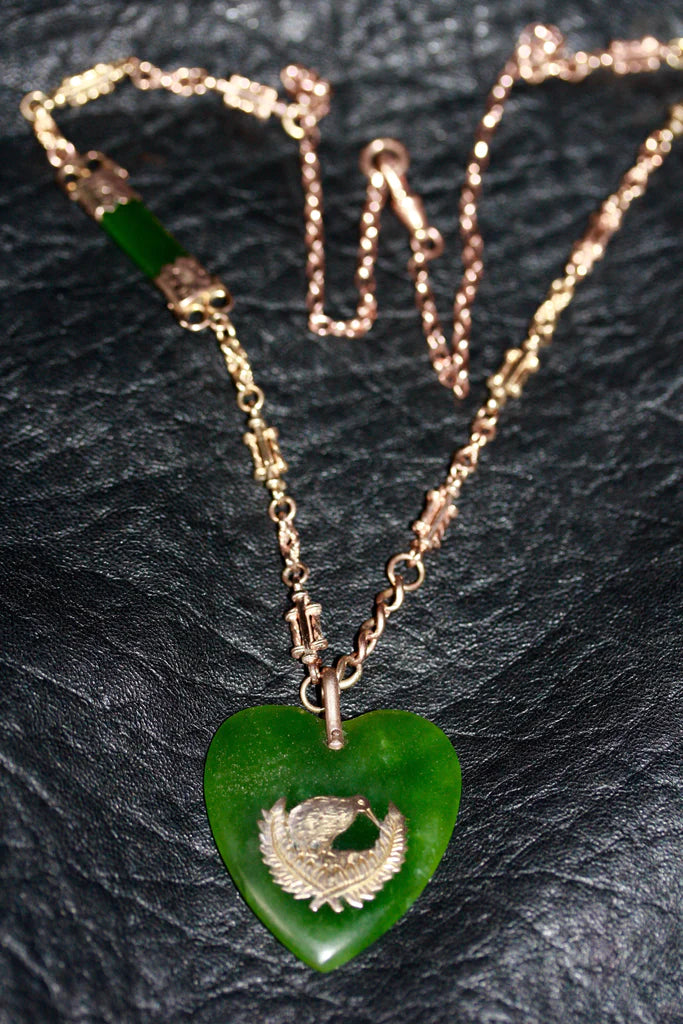 9ct GOLD FOB NECKLACE WITH POUNAMU (NZ Greenstone heart) HEART.