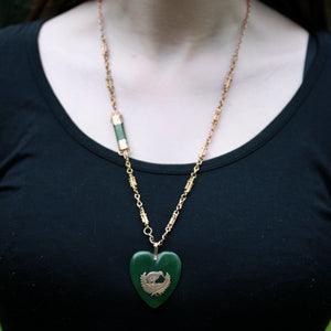 9ct GOLD FOB NECKLACE WITH POUNAMU (NZ Greenstone heart) HEART.